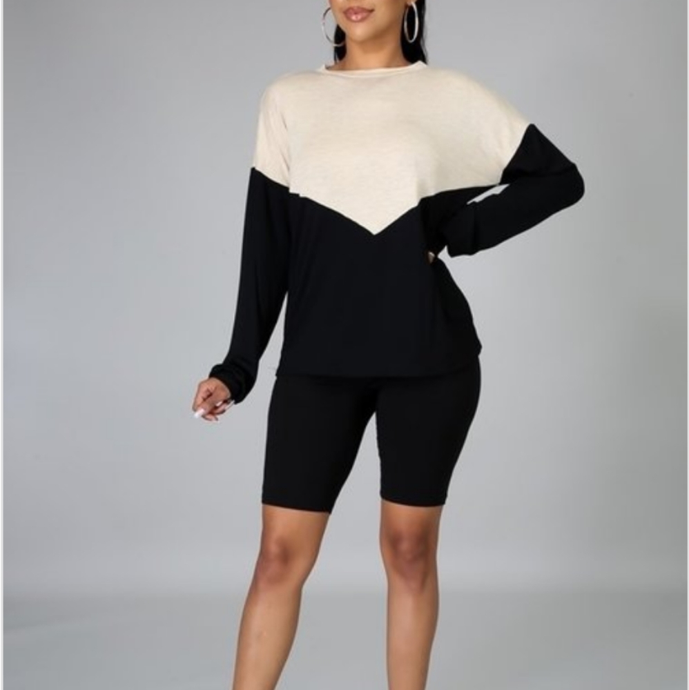 Taupe & Black Chevron Long Sleeve Biker Shorts Set - Picture 6 of 7